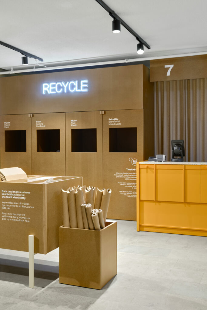 Recycling point in self-service shop Box by Posti, designed by Fyra